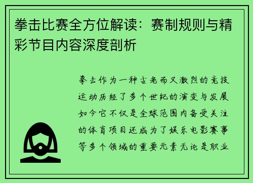 拳击比赛全方位解读：赛制规则与精彩节目内容深度剖析