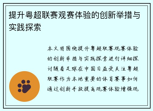 提升粤超联赛观赛体验的创新举措与实践探索
