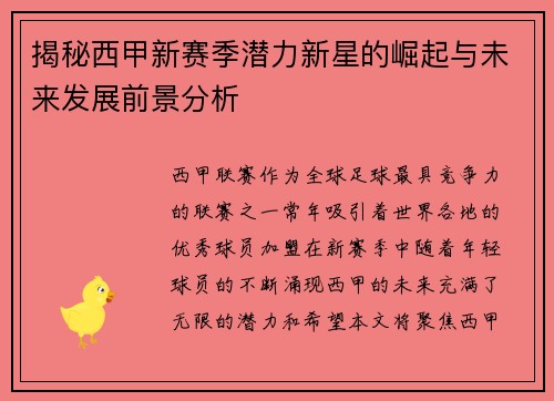 揭秘西甲新赛季潜力新星的崛起与未来发展前景分析