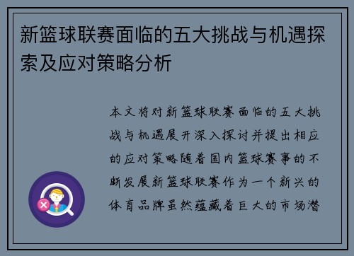 新篮球联赛面临的五大挑战与机遇探索及应对策略分析